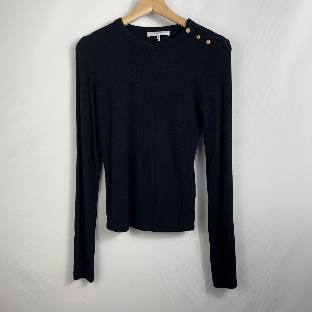 FRAME Women's Striped Rib Gold Button Crewneck Tee Small Black - Picture 2 of 12